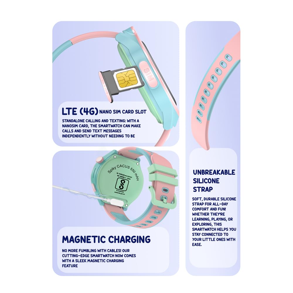 Spiky Cacus 4G Calling Multi-UI IPX7 Waterproof Kids Smartwatch | Rotatable Menu Dial,GPS Tracking, Video Call, Calling Watch, Games, Geo-Fencing, SOS | Best for Kids Girls & Boys 4-12 Years | Pink