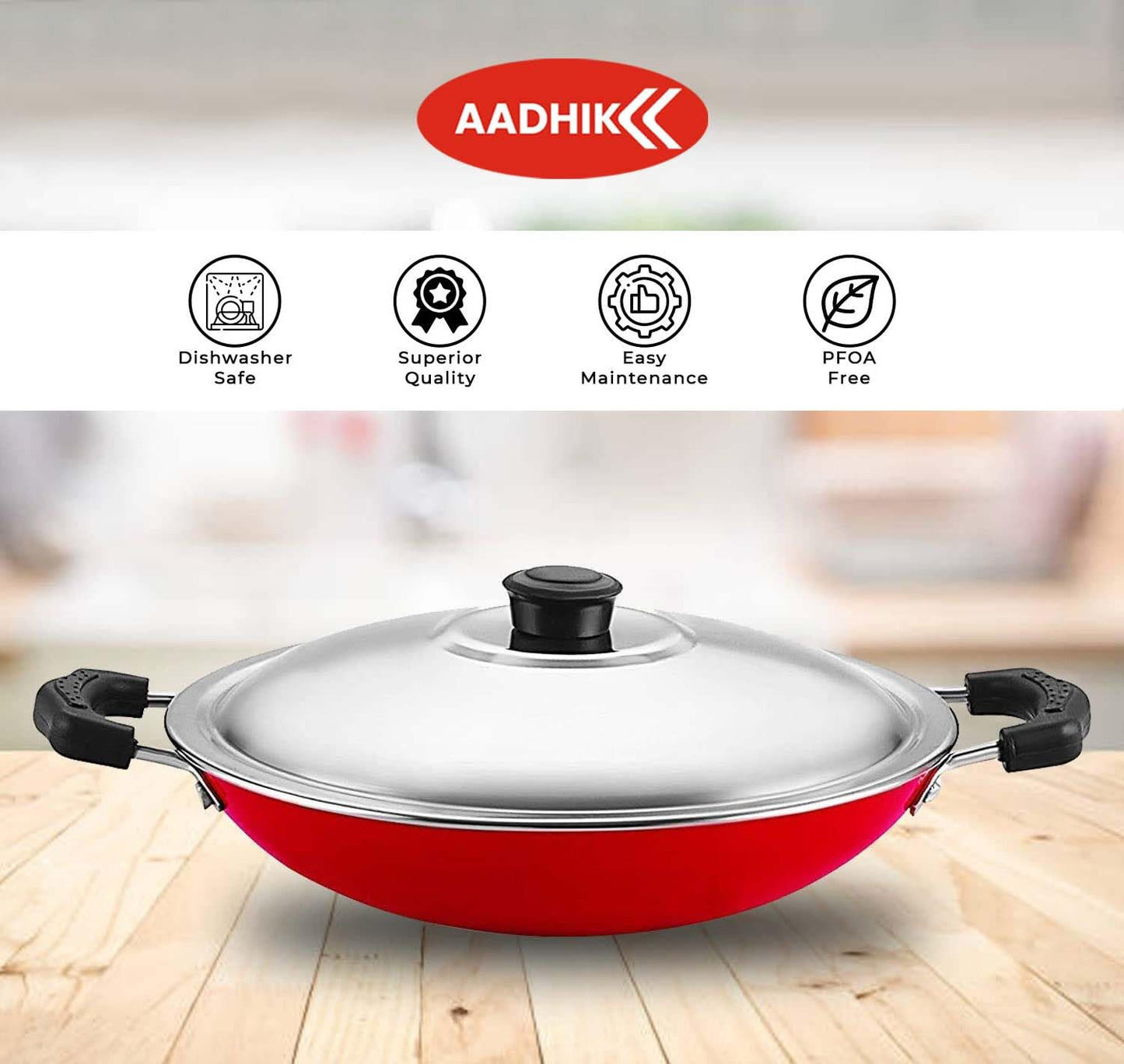 AADHIK Non-Stick Appa Chetty, Aluminium Appachatty, 23cm Diameter, 2.6mm Appachatti, Gas Compatible, Red
