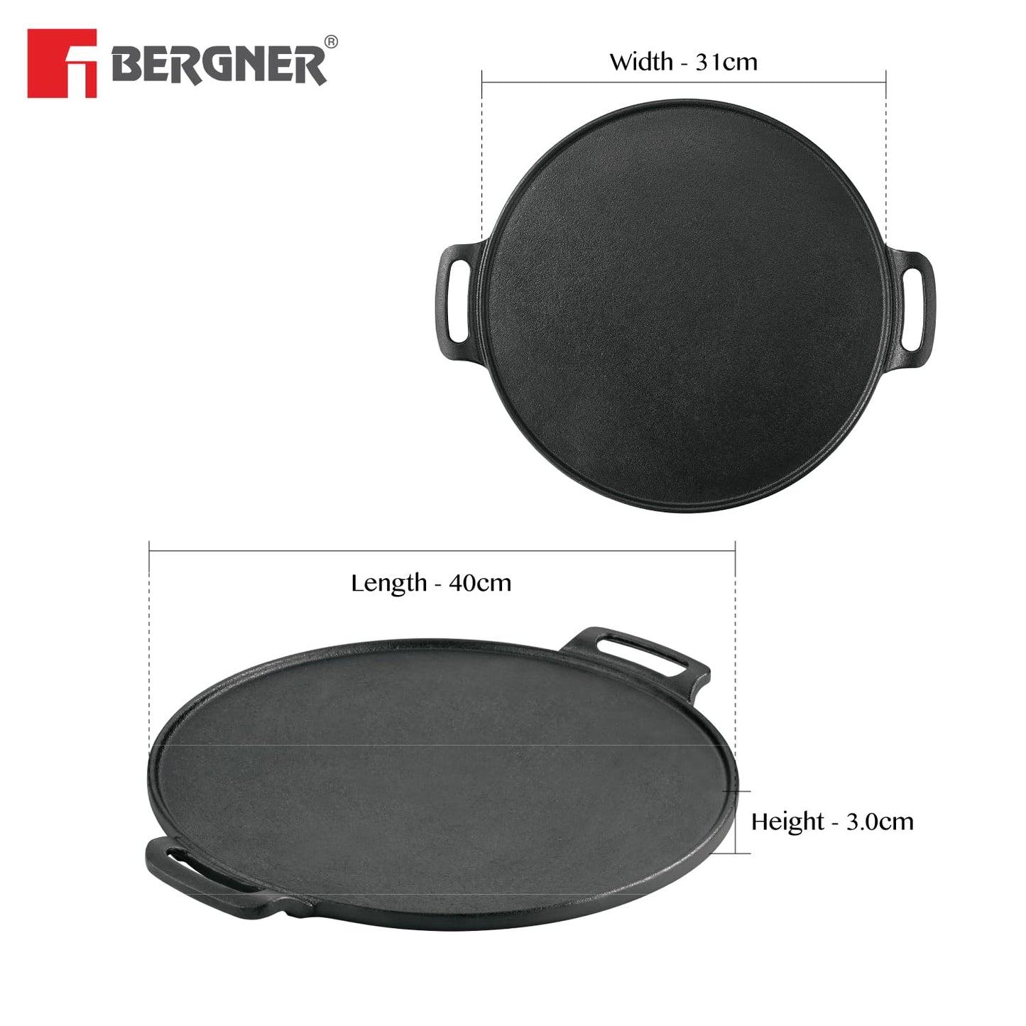 Bergner Eco Cast Iron 30cm Dosa Tawa, Pre-Seasoned, Large Loha Tawa for Dosa, Even Heat Distributor, Retains Heat to Enhance Flavor, Comes with Silicone Sleeve - Induction Base and Gas Stove Ready
