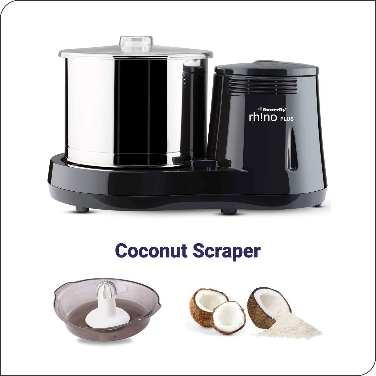 Butterfly Rhino Plus 2 Litres Table-Top Wet Grinder | 150 Watts | Shockproof ABS Body | Coconut Scrapper Attachment | Dough Kneader | Stainless Steel Drum | 2 Years Manufacturer's Warranty | Grey
