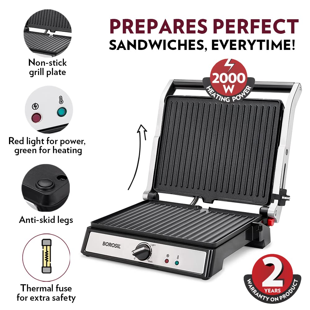 Borosil Super Jumbo Grill Sandwich Maker | Can Make 4 Sandwich At a Time | 2000W Electric Toaster Maker | Non-Stick Coating Plates Opens to 180°, BPA & PTFE Free | Power Indicators | 2 Year Warranty