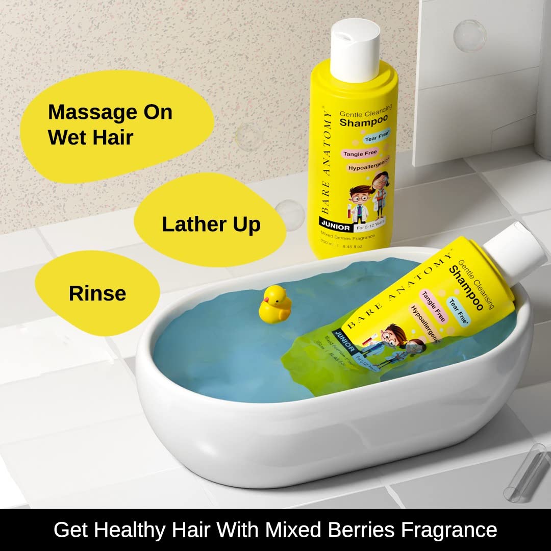 Bare Anatomy Junior Gentle Cleansing Shampoo For Kids from 5-12 Years | Tear-Free & Hypoallergenic pH 5.5 | Coconut Milk Protein, Almond Oil, Vitamin E & Strawberry | SLS & Paraben Free | Vegan -250ml