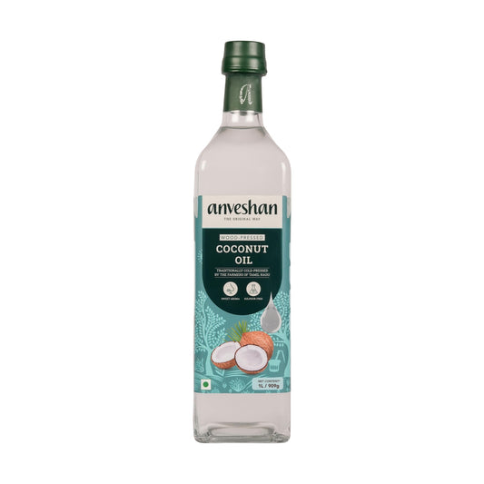 Anveshan Wood Pressed Coconut Oil - 1 Litre | Glass Bottle | Kolhu/Kacchi Ghani/Chekku | Natural | Chemical-Free | Coconut Oil for baby massage | Cold Pressed Coconut Oil for Cooking.