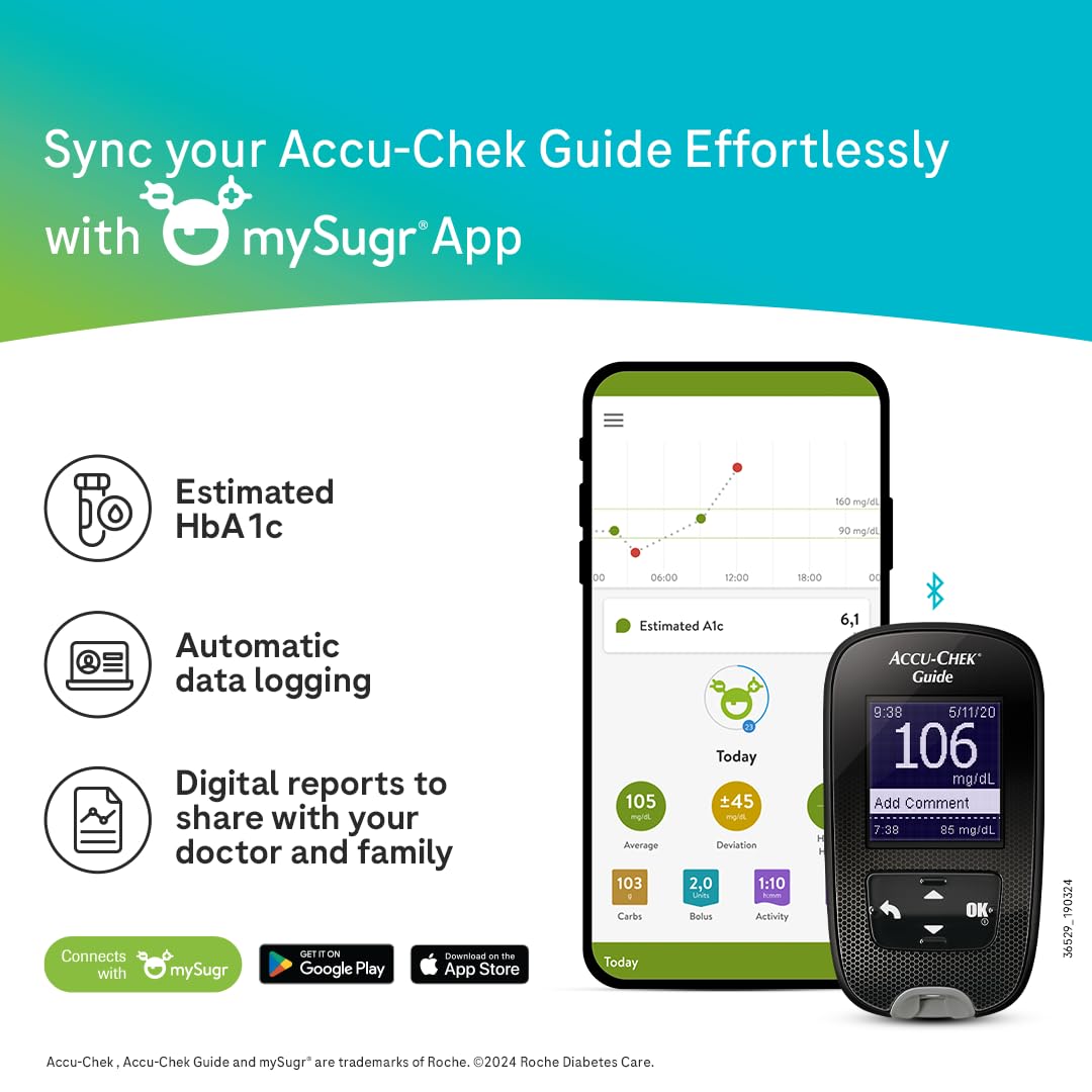 Accu-Chek Guide Blood Glucose Glucometer (with Bluetooth) Kit with Vial of 10 Strips, 10 Lancets and a Lancing Device FREE for Accurate Blood Sugar Testing