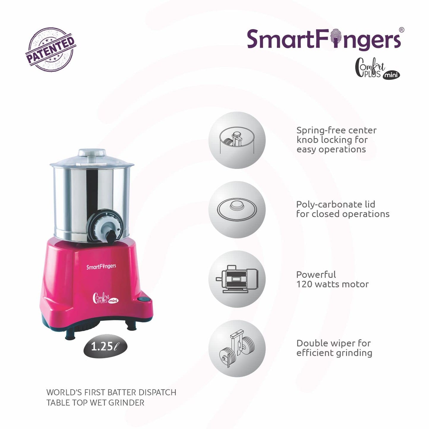 SmartFingers Comfort Plus Mini Table Top Wet Grinder 230V 50hz, 1.25 Liter, Pink