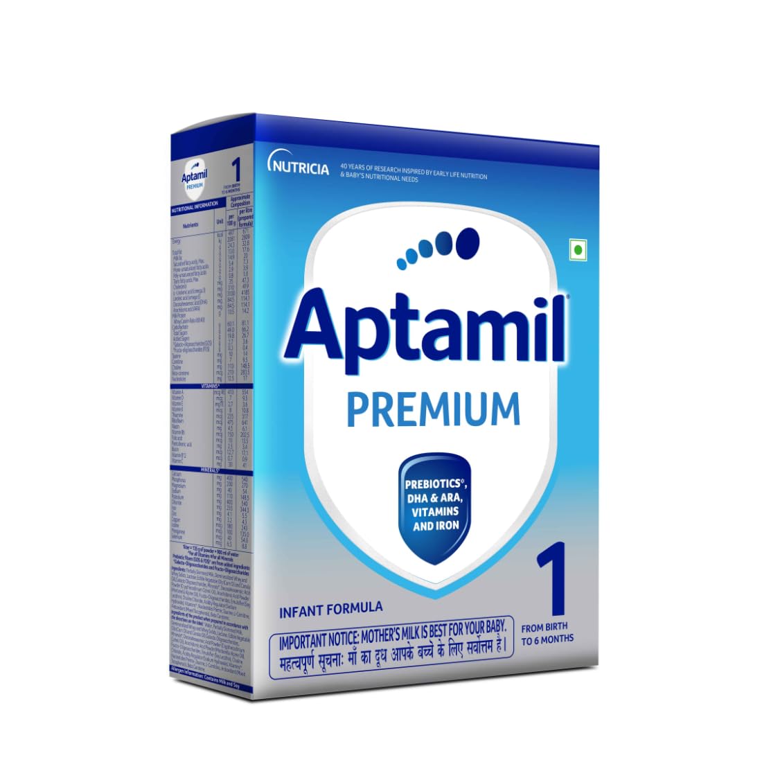 Aptamil Premium Infant Formula Milk Powder for Babies - Stage 1 (Upto 6 Months) - with Prebiotics and DHA - 400gms - BIB Pack