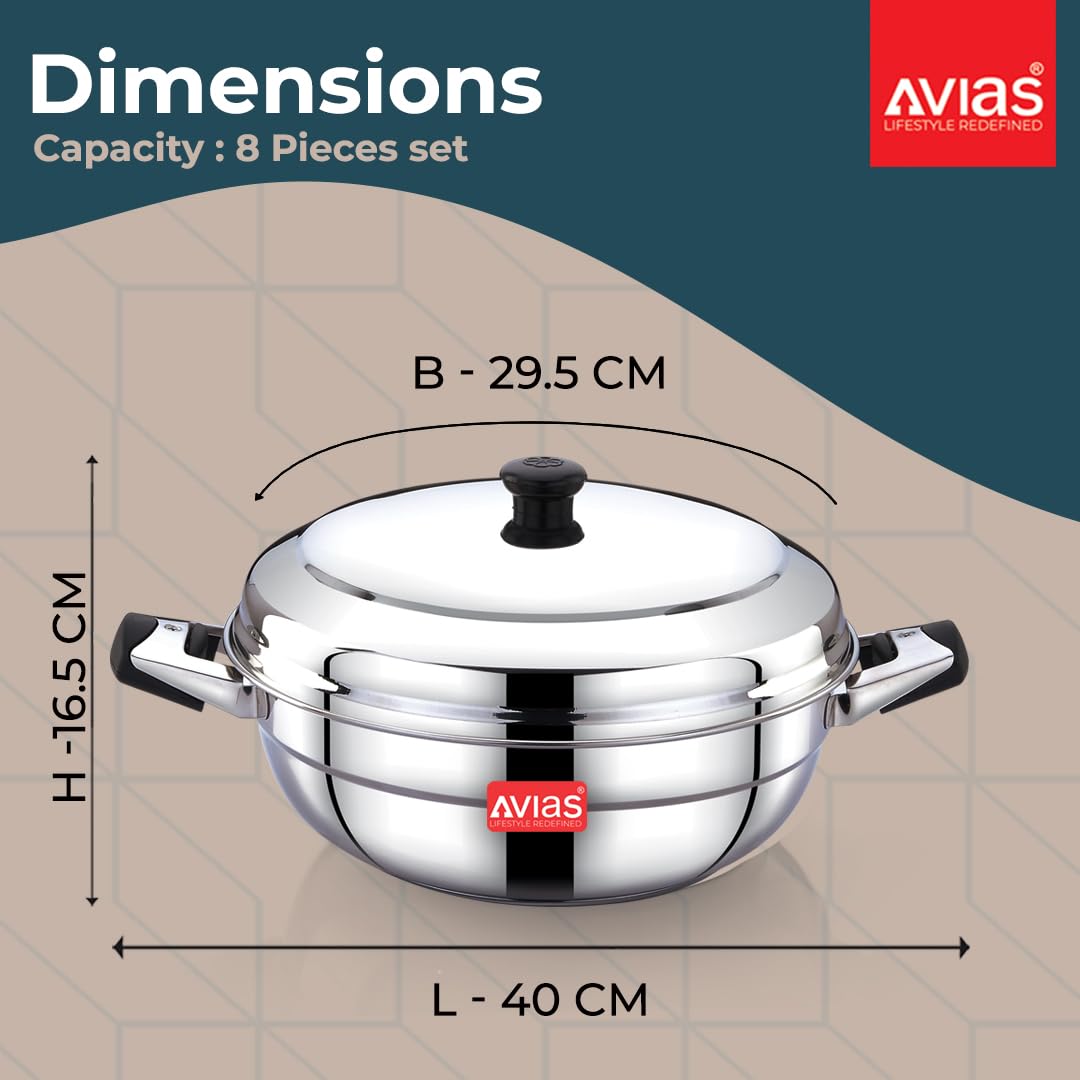 AVIAS All Rounder Premium Stainless Steel Induction Friendly Multipurpose Kadai, Kadhai Set with 6 Plates (1 Mini Idly Plate, 2 Big Idli Plates-14 Idlies, 2 Dhokla Plates, 1 Steamer Plate)