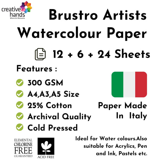 BRUSTRO Artists Watercolour Paint Pan Set of 25 with Artists Watercolour Paper 300 GSM, 25% Cotton, Color, Cold Pressed, A4 (Pack of 12), A3 (Pack of 6) & A5 (Pack of 24)