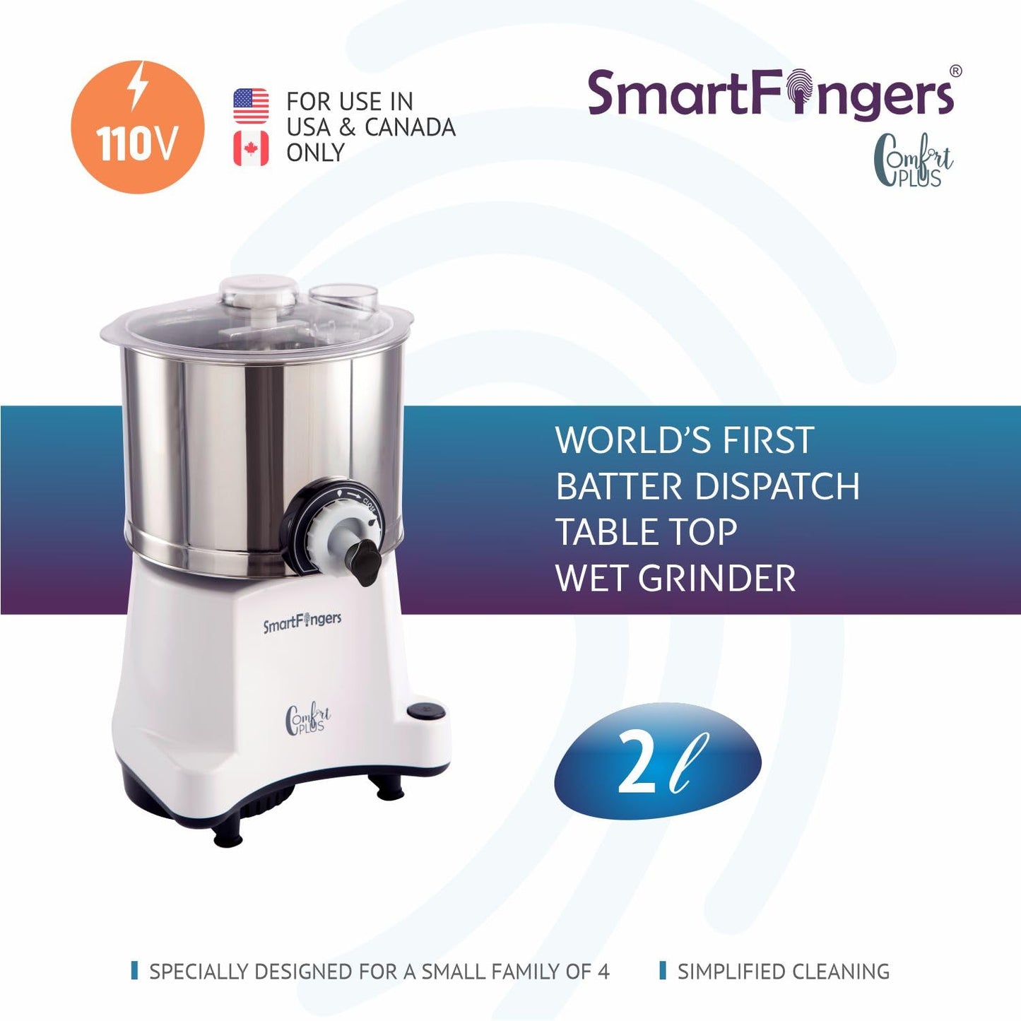 SmartFingers Stainless Steel Comfort Plus Table Top Magic Wet Grinder 110V 60Hz (2 L) For Usa Canada And Japan Only, White