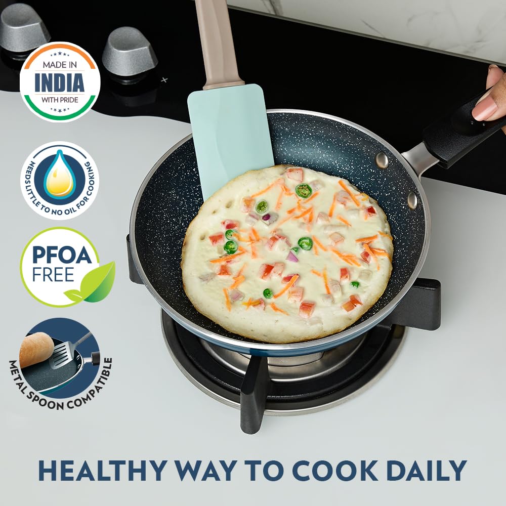 Borosil ProChef Non-Stick Mini Fry Pan 18 cm | Gas Stove Compatible, Thick Uniform Body for Even Heating | PFOA Free, Blue Exterior, Stir Frying Pan for Eggs, Cutlets, 1 Year Warranty