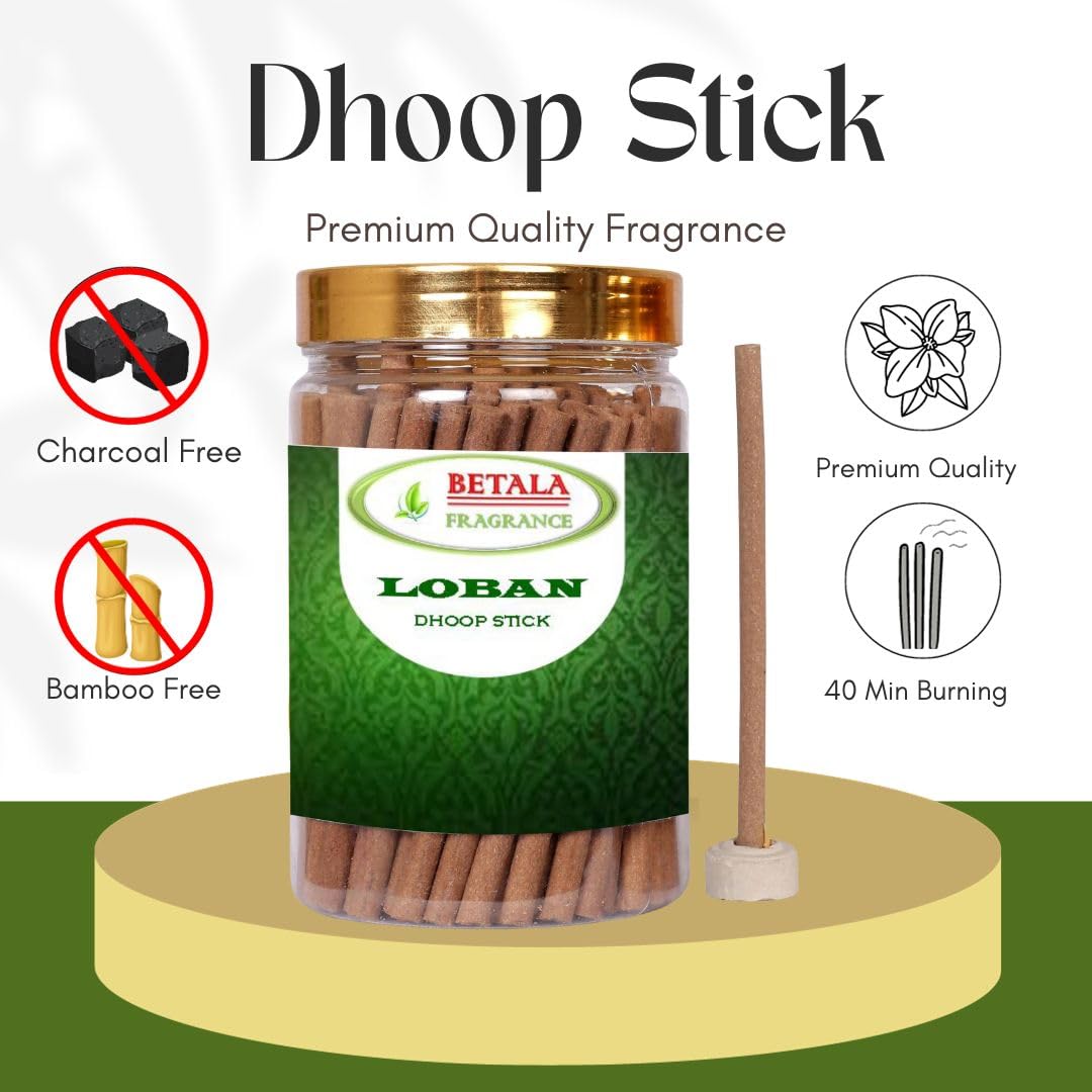 Betala Fragrance Loban Flavour Dhoop Sticks for Pooja, Pack of 200 Gm Dhup Batti with Holder, Agarbatti, Incense Stick, Sandal, Cones, Cup, Sambrani (200 Gm, LOBAN)
