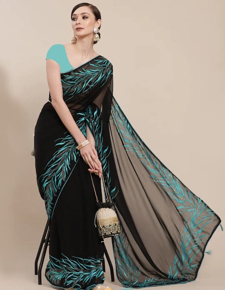 Women Free Size Black & Blue Floral Embroidered Saree