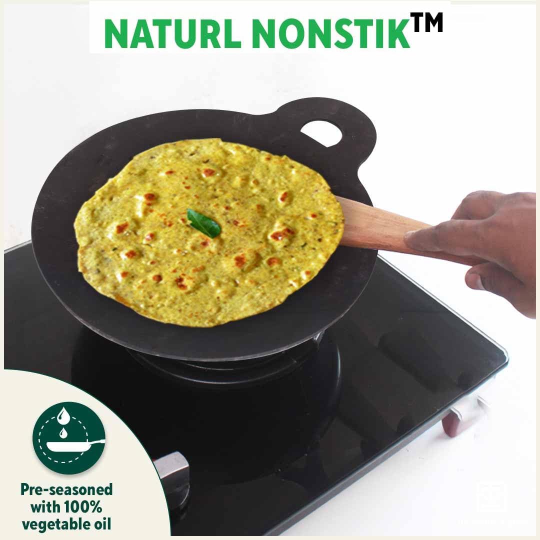 The Indus Valley Pre-Seasoned Iron Tawa with Wooden Spatula & Flip for Dosa/Chapathi | 28cm/11 inch, 1.5kg | Gas Compatible | 100% Pure & Toxin-Free, No Chemical Coating