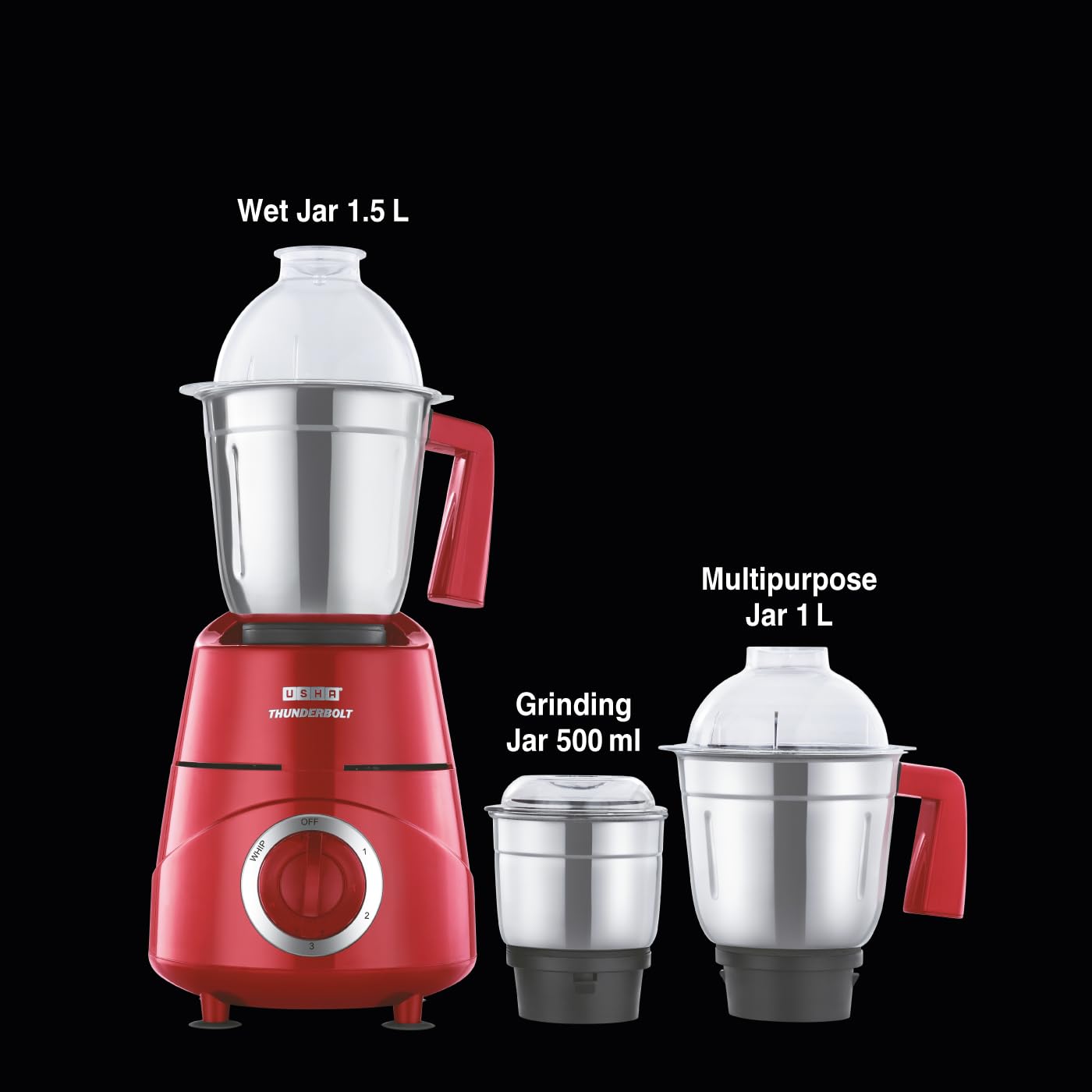 USHA Thunderbolt 800-Watt Copper Motor Mixer Grinder with 3 Jars and 5 Years Motor Warranty(Red)