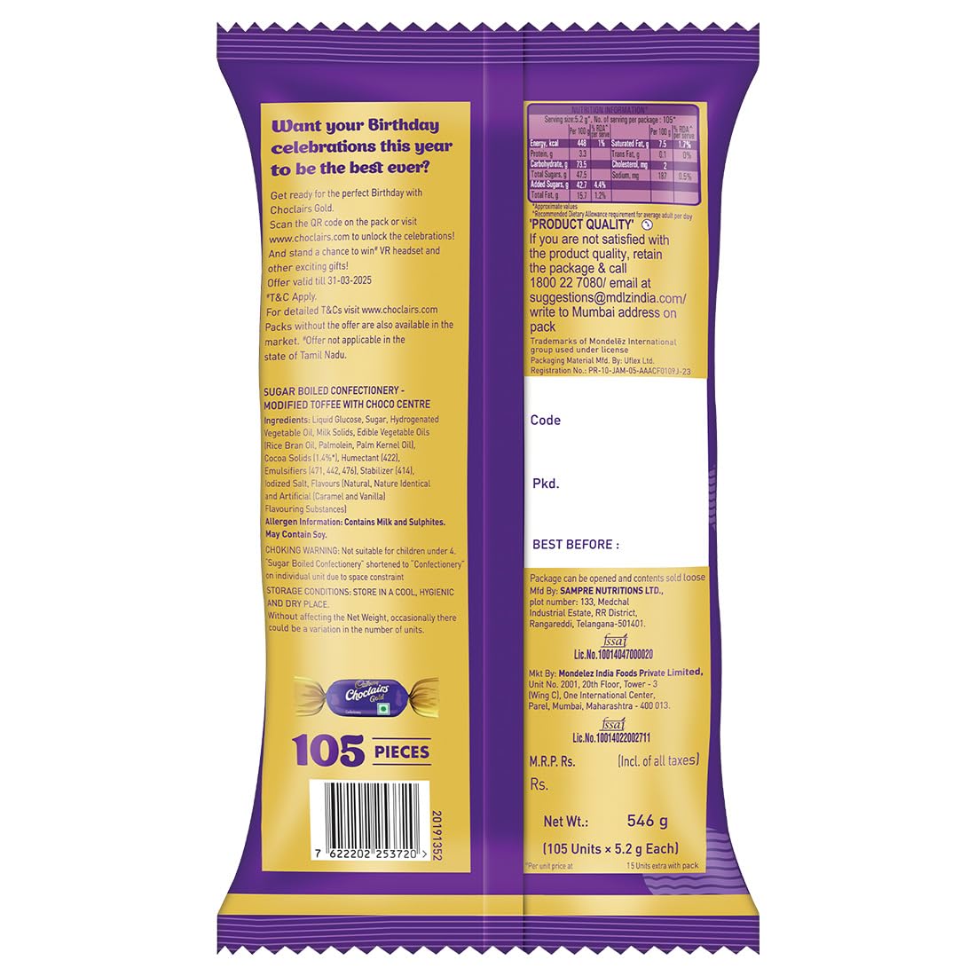 Cadbury Choclairs Gold Candy, 546 g (105 Candies)