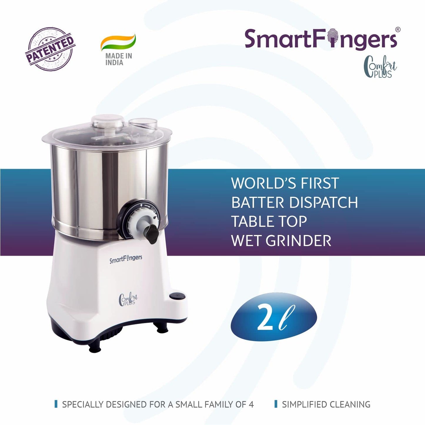 SmartFingers Comfort Plus Table Top magic Wet Grinder 230V 50hz, 2 Liter, White, 2 Stone