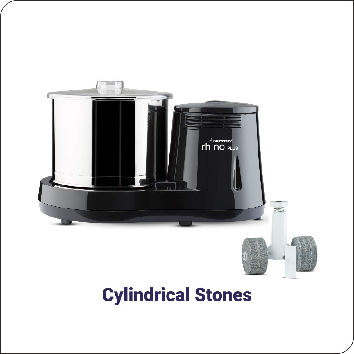 Butterfly Rhino Plus 2 Litres Table-Top Wet Grinder | 150 Watts | Shockproof ABS Body | Coconut Scrapper Attachment | Dough Kneader | Stainless Steel Drum | 2 Years Manufacturer's Warranty | Grey