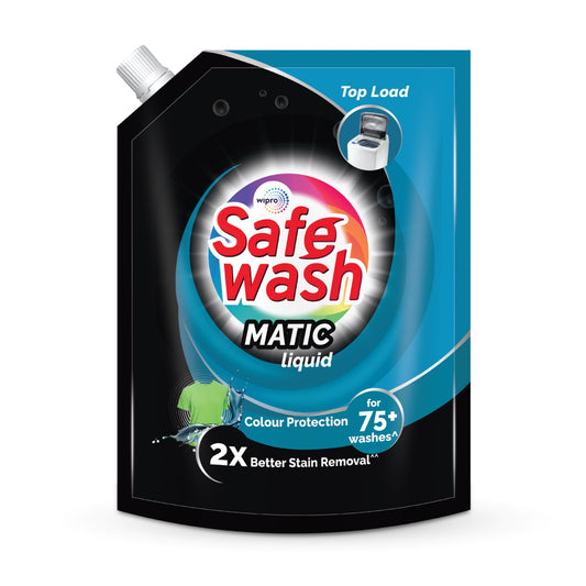 Safewash Top Load Matic Premium Liquid Detergent with Colour-Protect Technology| 2X Stain Removal | For All Types of Fabrics| 2L Refill Pouch