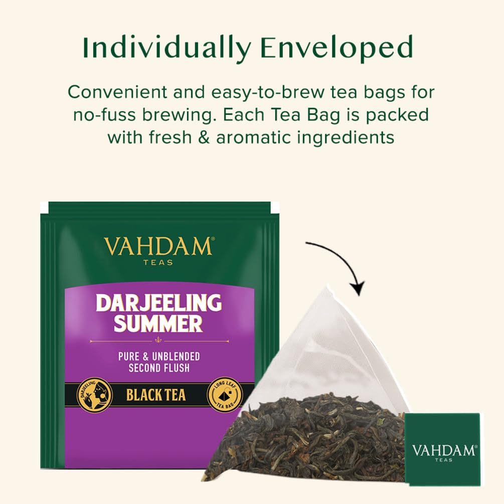 VAHDAM, Darjeeling Summer Black Tea - 15 Black Tea Bags | Pure Darjeeling Tea in Pyramid Shaped Tea Bags -30g