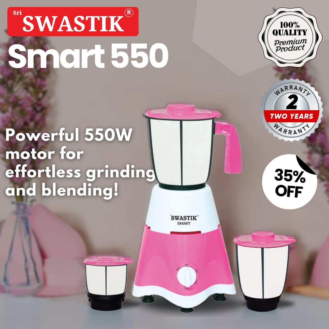 Sri Swastik Smart 550 Mixer Grinder - 550W Heavy-Duty Motor, 3 Stainless Steel Jars, Pink
