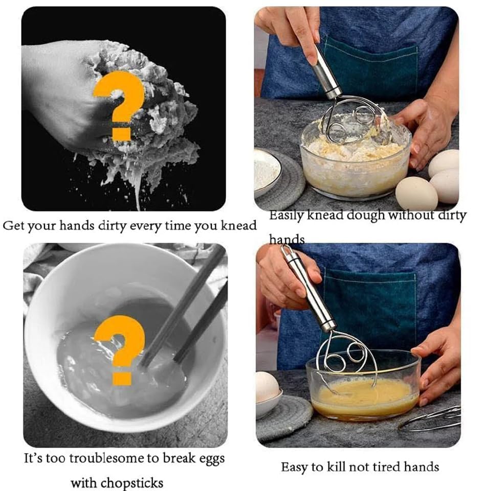 BEYOND BASIC Multifunctional Effortless Stainless Steel Dough Mixer with Hanging Hole Durable Time-Saving Mixing Stick Baking Tools Egg Beater for Home Kitchen Baking Accessories 1 Pcs
