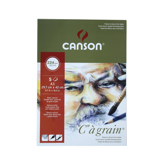 Canson C à Grain Drawing 224 GSM Fine Grain A3 Paper Sheets (Natural White, 5 Sheets x Pack of 2) (CN200021116P2)
