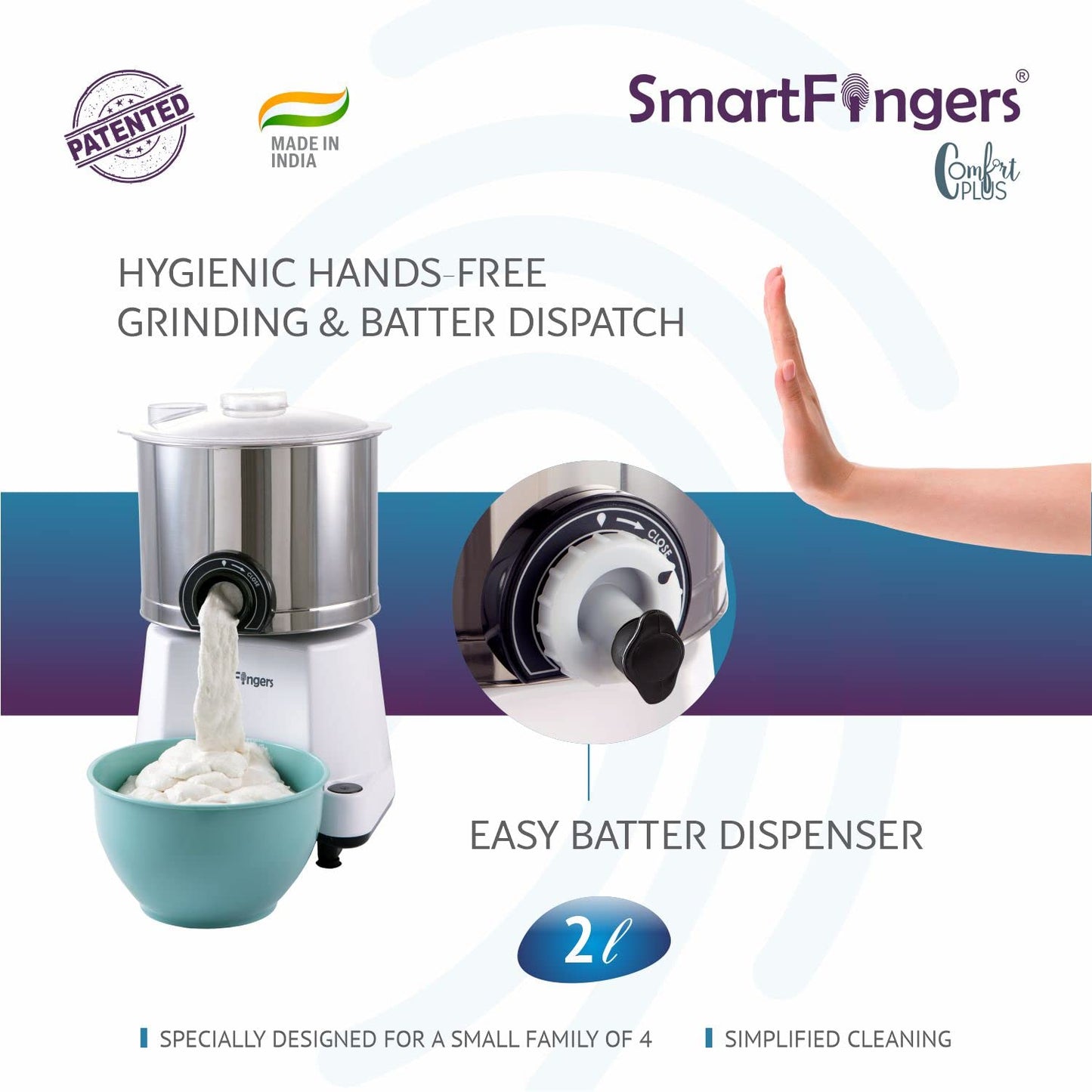 SmartFingers Comfort Plus Table Top magic Wet Grinder 230V 50hz, 2 Liter, White, 2 Stone