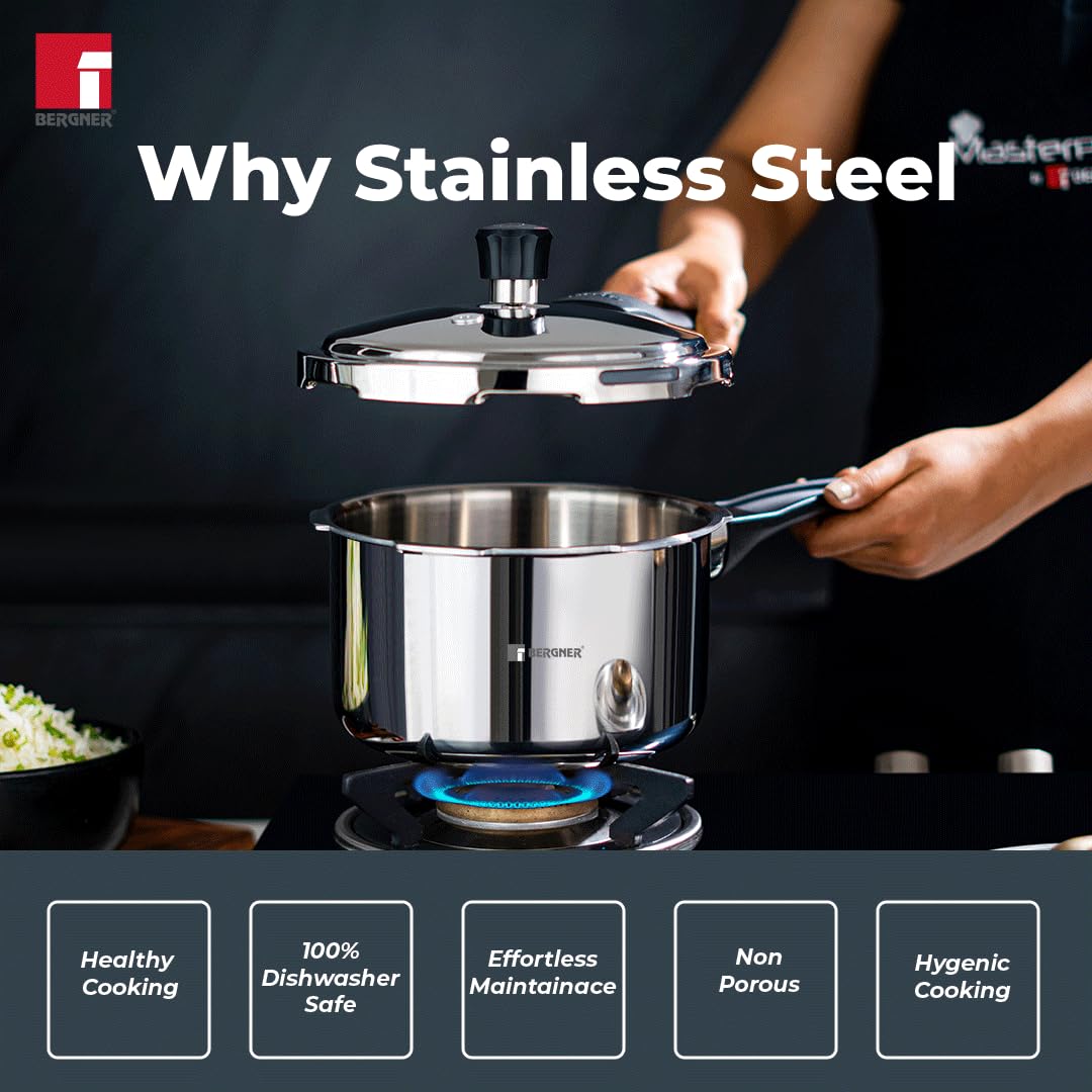 Bergner Sorrento Stainless Steel 2 Litres Outer Lid Pressure Cooker, 2 L Cooker with Outer Lid and Triply Base, Heavy Bottom, Easy Open and Close, Healthy Cooking, Induction Bottom and Gas Stove Ready