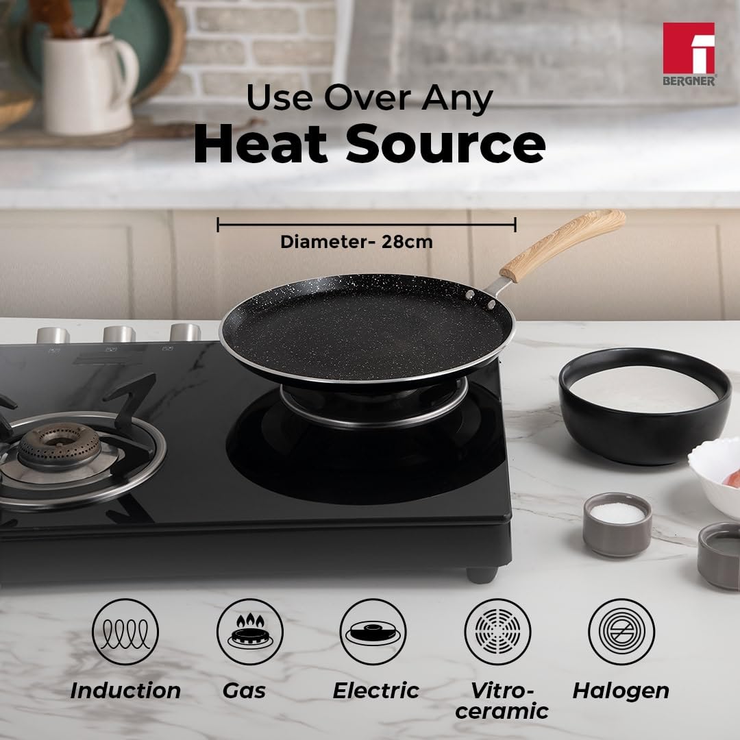 Bergner Bellini Plus Aura 5-Layer Non-Stick 28 cm Dosa Tawa, Soft Touch Wooden Finish Handle, Food Safe, PFOA Free, Even Heat Distribution, 4mm Thickness, Induction Bottom, 1-Year Warranty - Black