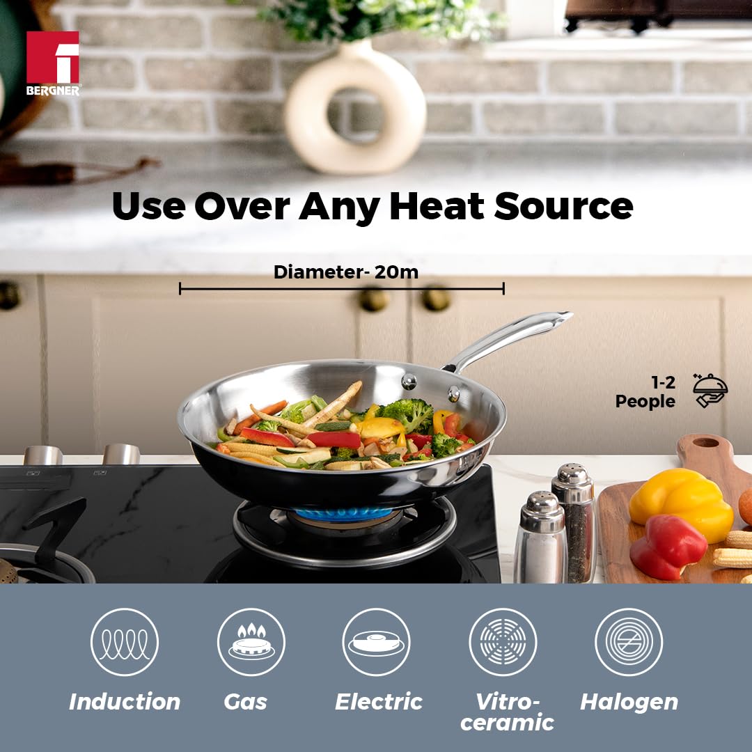BERGNER Argent TriPly 20 cm Frypan/Steel Pan, Scratch Resistant, for Spice Tempering/Seasoning, Stay Cool Long Handle, Mirror Finish, Induction Ready, 5-Year Warranty by Bergner