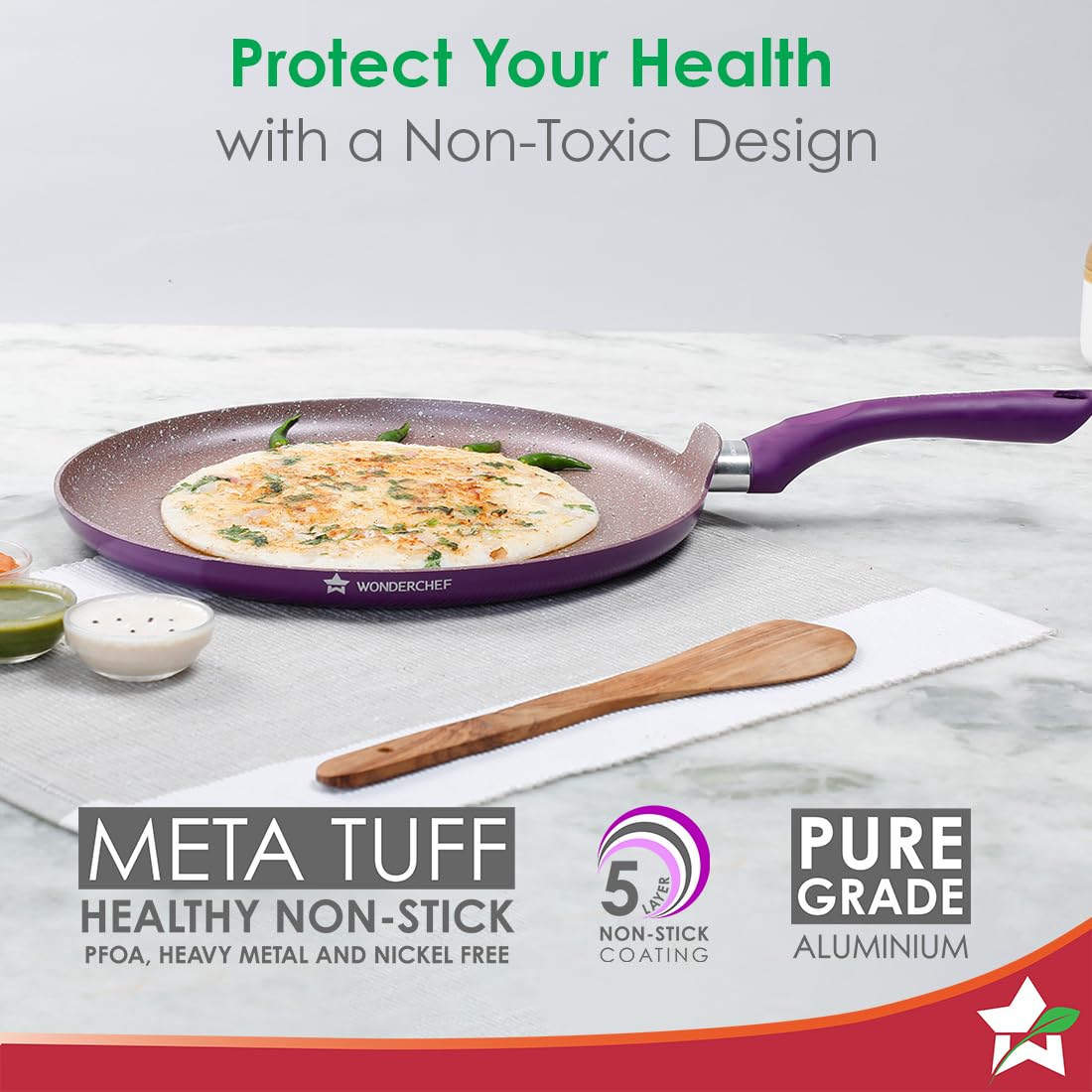 Wonderchef Royal Velvet Non-Stick 28cm Dosa Tawa I Induction Ready | Soft-Touch Handles |Non – Toxic I Virgin Aluminium| 3 mm Thick | 1.8 litres | 2 Year Warranty | Purple