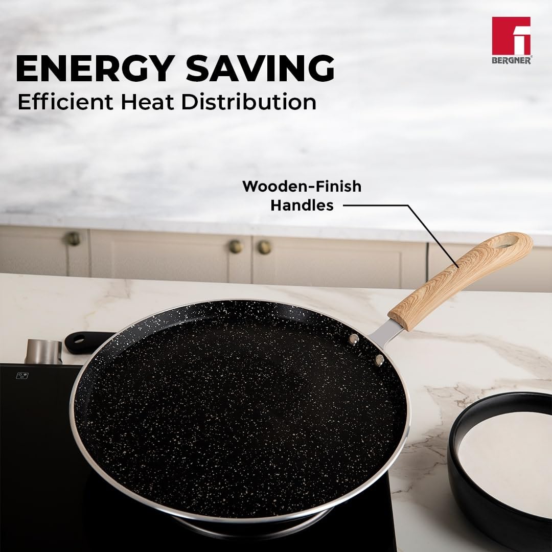 Bergner Bellini Plus Aura 5-Layer Non-Stick 28 cm Dosa Tawa, Soft Touch Wooden Finish Handle, Food Safe, PFOA Free, Even Heat Distribution, 4mm Thickness, Induction Bottom, 1-Year Warranty - Black