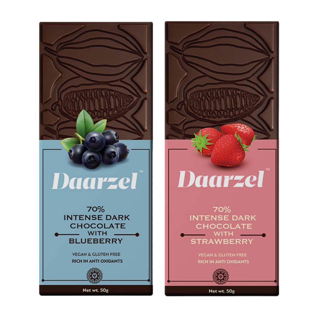 AMBRIONA Daarzel Vegan Dark Chocolate|70% Dark Gluten Free Pack Of 2 Blueberry And Strawberry|2 X 50Gm|Daarzel Bars
