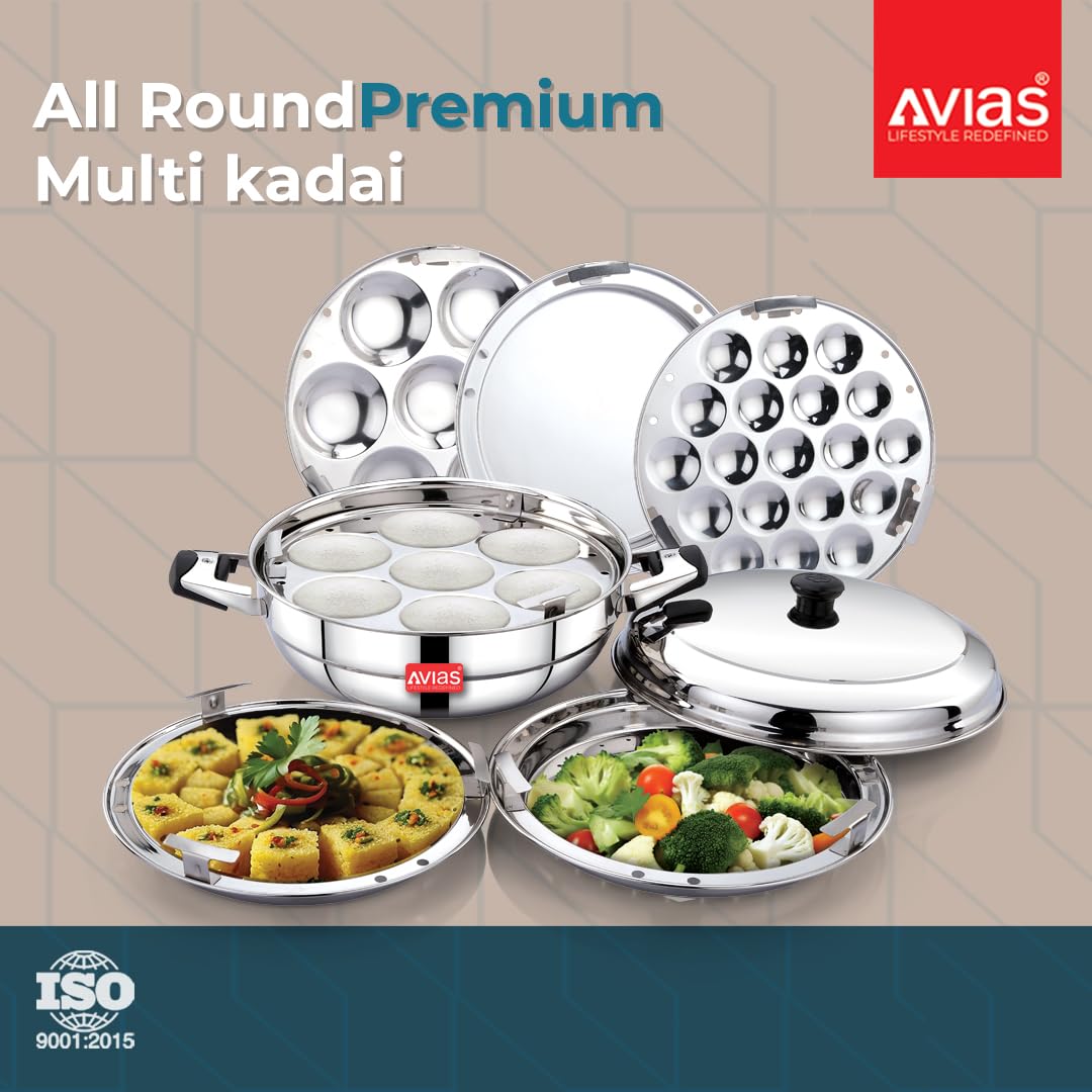 AVIAS All Rounder Premium Stainless Steel Induction Friendly Multipurpose Kadai, Kadhai Set with 6 Plates (1 Mini Idly Plate, 2 Big Idli Plates-14 Idlies, 2 Dhokla Plates, 1 Steamer Plate)