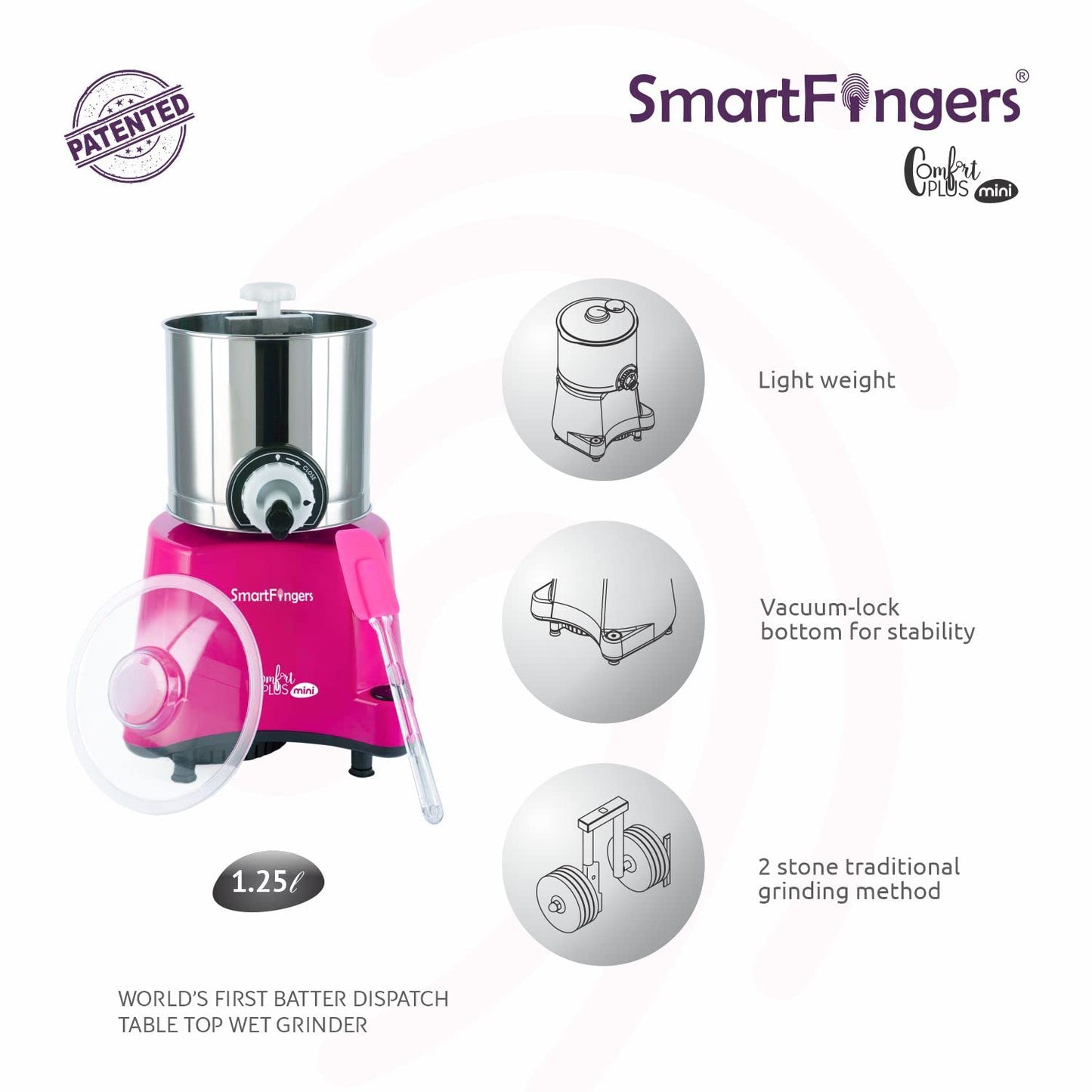 SmartFingers Comfort Plus Mini Table Top Wet Grinder 230V 50hz, 1.25 Liter, Pink