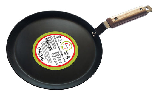 amicus Kitchen Premium Iron Tawa for Dosa Roti Chapati, Flat Iron Tava with Wooden Handle, Induction Friendly,10 Inch,1.2 Kg, Black
