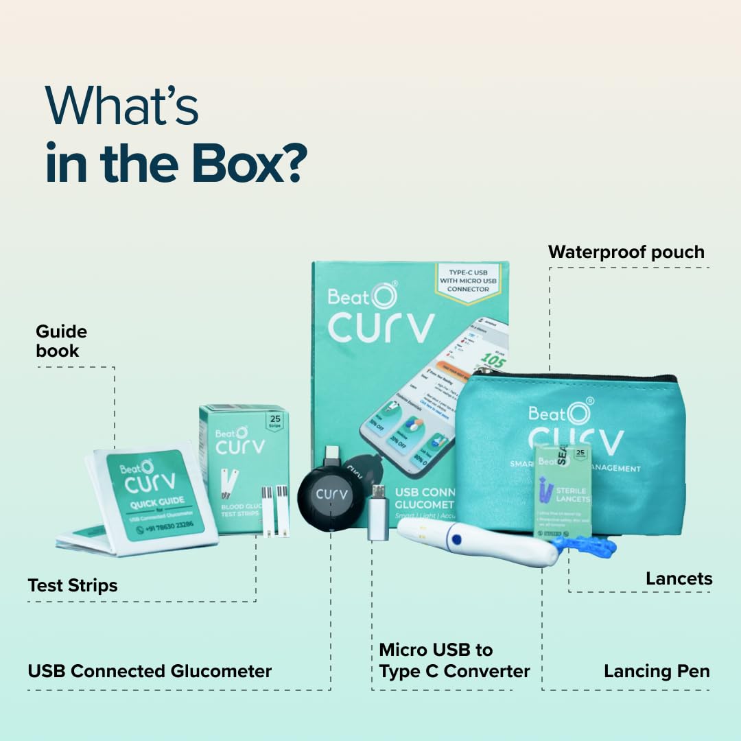 BeatO CURV Sugar Test Machine | FREE 25 Strips & 25 Lancets (Type-C USB Connector) | Simple & accurate testing of Blood sugar levels at home |Smartphone Connected Glucometer Machine | Android only | ISO Certified: Made in India