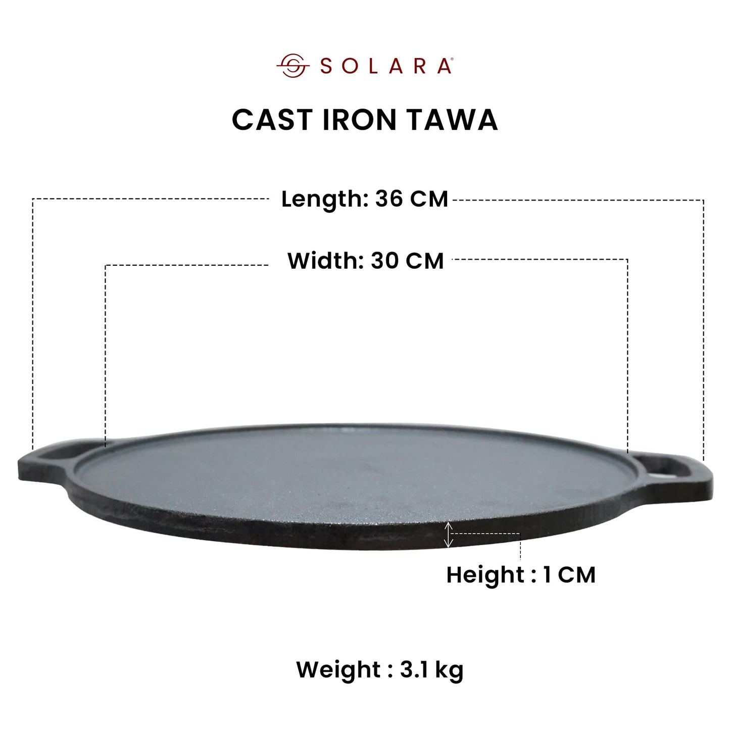 SOLARA Cast Iron Tawa for Dosa 12" Inch(30 CM), Tawa for Dosa, Uthappam, Roti, Chapati, Naan, Gas & Induction Friendly, Dosa Tawa Cast Iron, Cast Iron Cookware