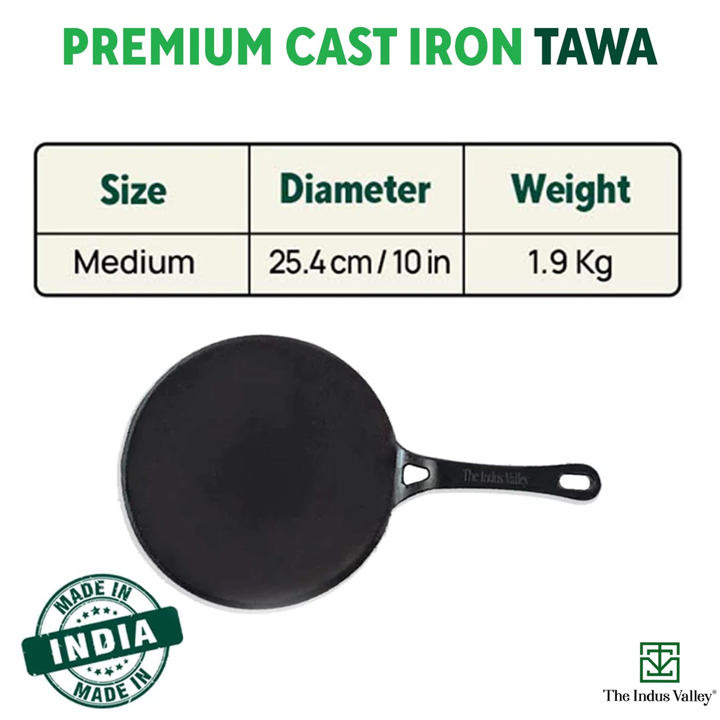 The Indus Valley Pre-Seasoned Cast Iron Concave Dosa Tawa + Free Wooden flip | 25.4cm/10 inch, 1.9kg | Gas Stove Compatible | Naturally Nonstick, 100% Pure & Toxin-Free, No Chemical Coating
