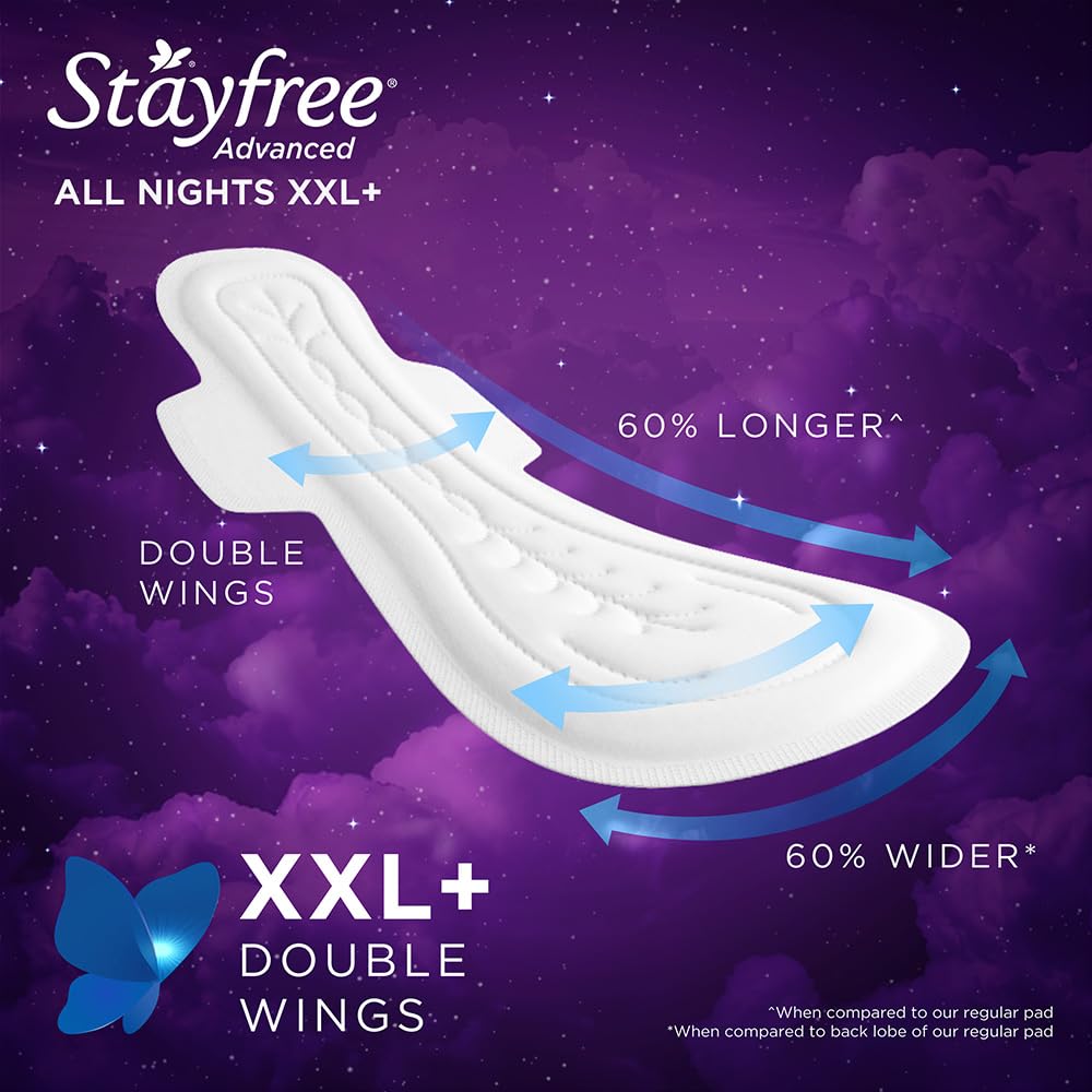 Stayfree Advanced XXL+ Ultra Thin Sanitary Pads for Women | 16 Soft Cotton Pads for All Night Ultra Comfort | Absorbs 2x More with Wider Back | Prevent Rashes | Odour Control