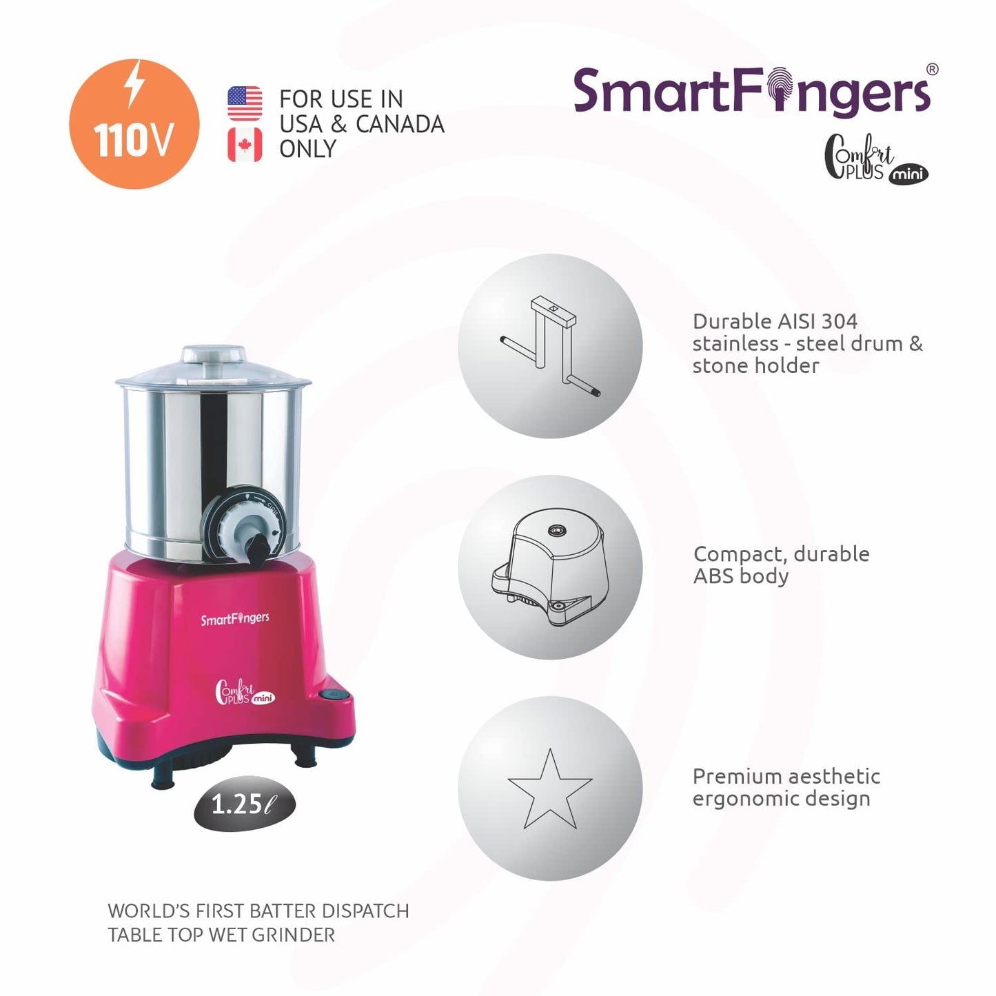 SmartFingers Stainless Steel Comfort Plus Table Top Magic Wet Grinder 110V 60Hz (1.25 L) For Usa Canada And Japan Only, Pink