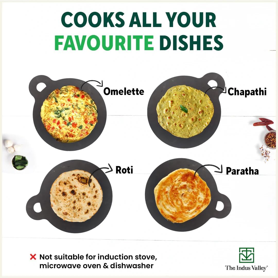 The Indus Valley Pre-Seasoned Iron Tawa with Wooden Spatula & Flip for Dosa/Chapathi | 28cm/11 inch, 1.5kg | Gas Compatible | 100% Pure & Toxin-Free, No Chemical Coating