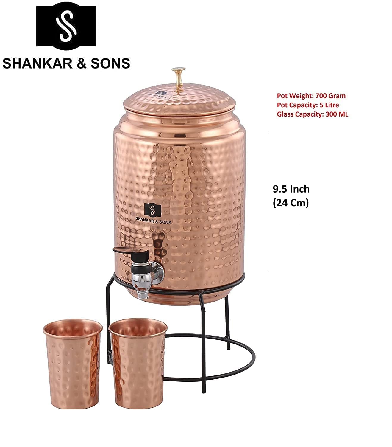 SHANKAR & SONS 5 Litre Copper Water Dispenser with Stand and 2 Glasses | BPA Free, Non-Toxic | Hammered Texture, Rustproof & Durable | with Added Health Benefits of Copper