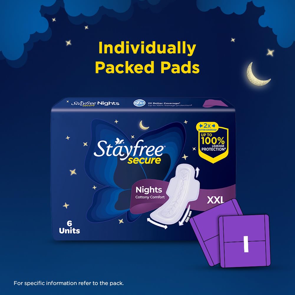 Stayfree Secure Nights XXL | 40 Pads| Cottony Soft Sanitary Pads for Women | Upto 100% leakage protection | Buy XXL at XL price | Absorbs 2x Faster with Wider Back |