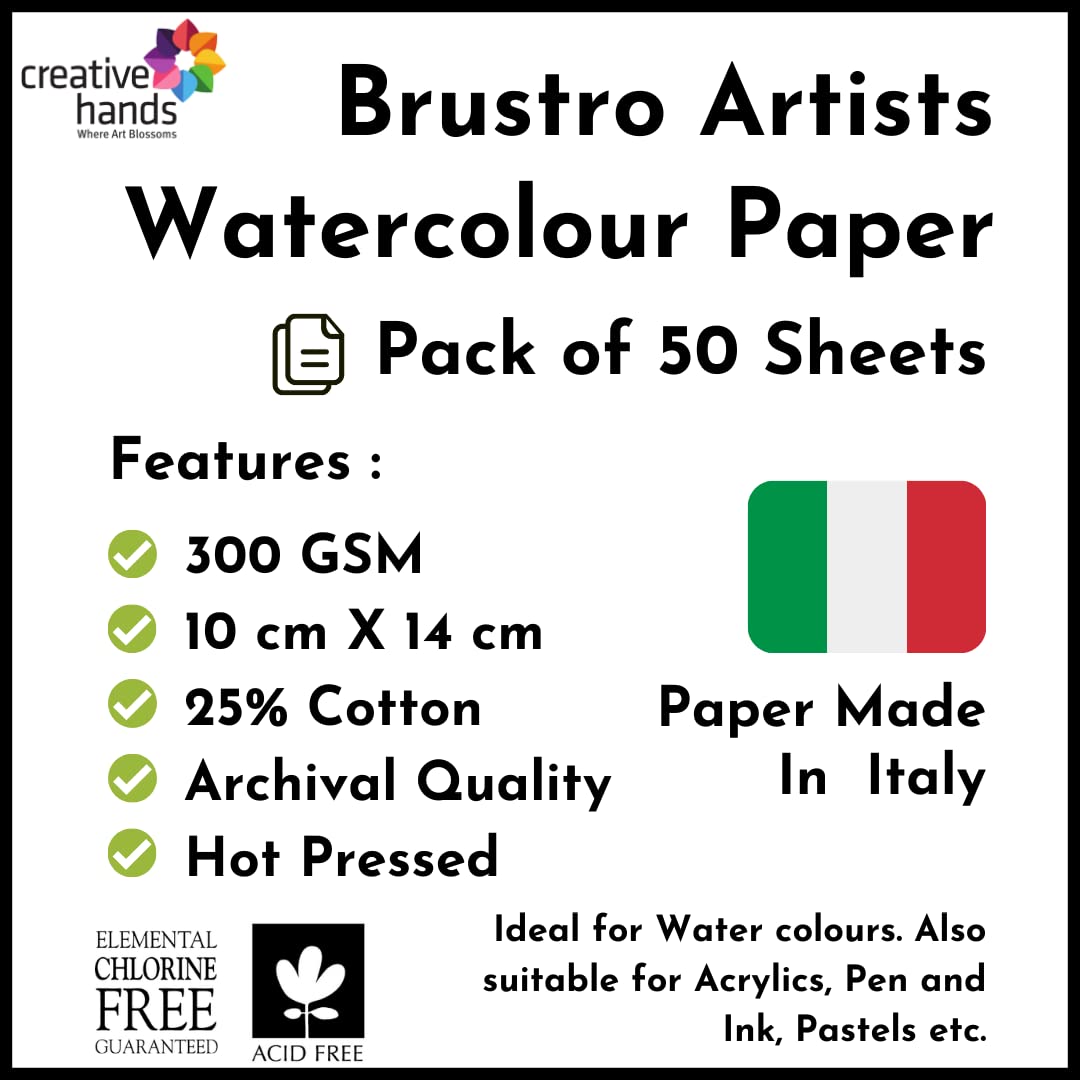 Brustro Artists' Watercolour paper 25% Hot Pressed 300 GSM 50 SHEETS. Size 10 X 14 cm