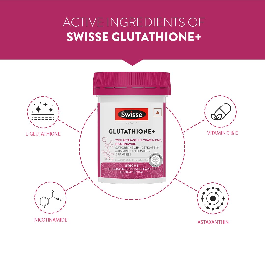 Swisse Glutathione+ Manufactured In Australia, Glutathione Tablets with Astaxanthin, Vitamin C & E, Nicotinamide For Healthy, Radiant & Youthful Skin (30 Capsules, Only 1 Capsule Per Serving)
