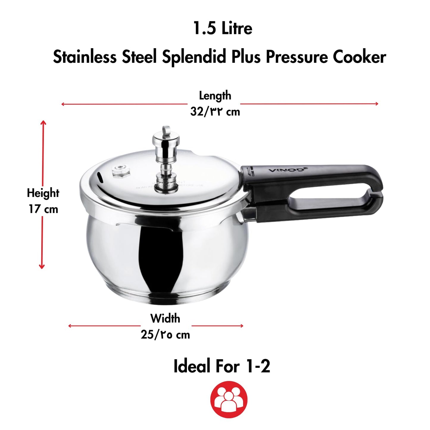 Vinod Splendid Plus Stainless Steel Pressure Cooker Outer Lid 1.5 Litre | SAS Bottom Handi Cooker | Extra Glass Lid | Induction and Gas Base | ISI and CE certified | 2 Years Warranty