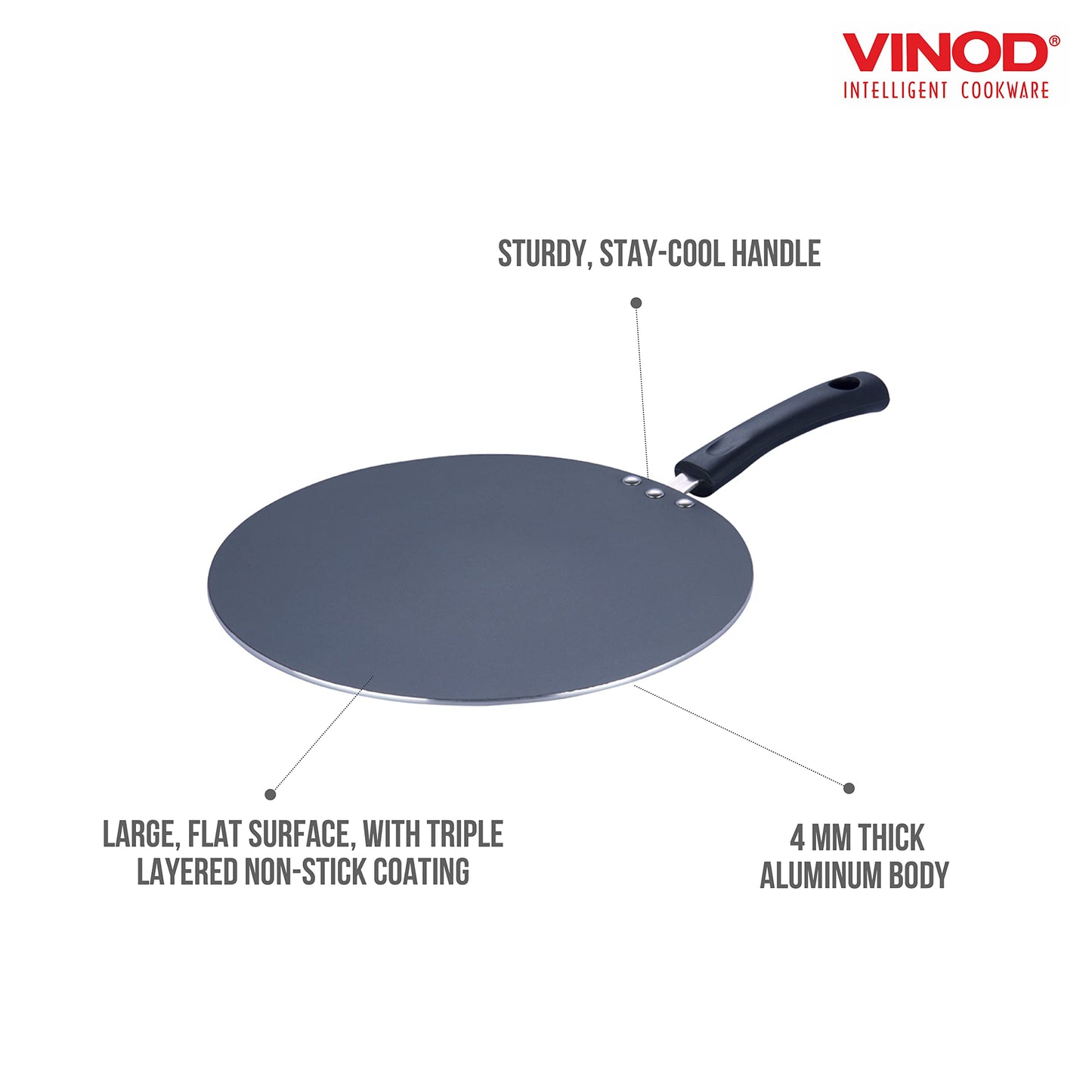 Vinod Zest Aluminium Non Stick Flat Multi Tawa - 32.5 cm | Triple Layer Ceramic Coating | 4mm Extra Thick Roti Tawa | Bakelite Handle | Gas and Induction Base | 1 Year Warranty