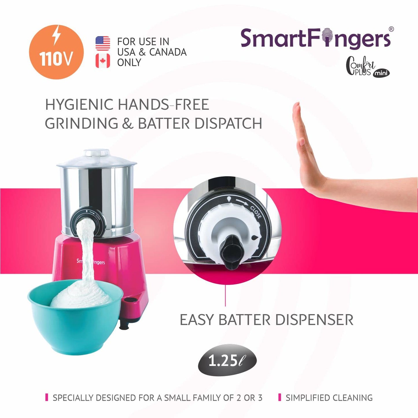 SmartFingers Stainless Steel Comfort Plus Table Top Magic Wet Grinder 110V 60Hz (1.25 L) For Usa Canada And Japan Only, Pink