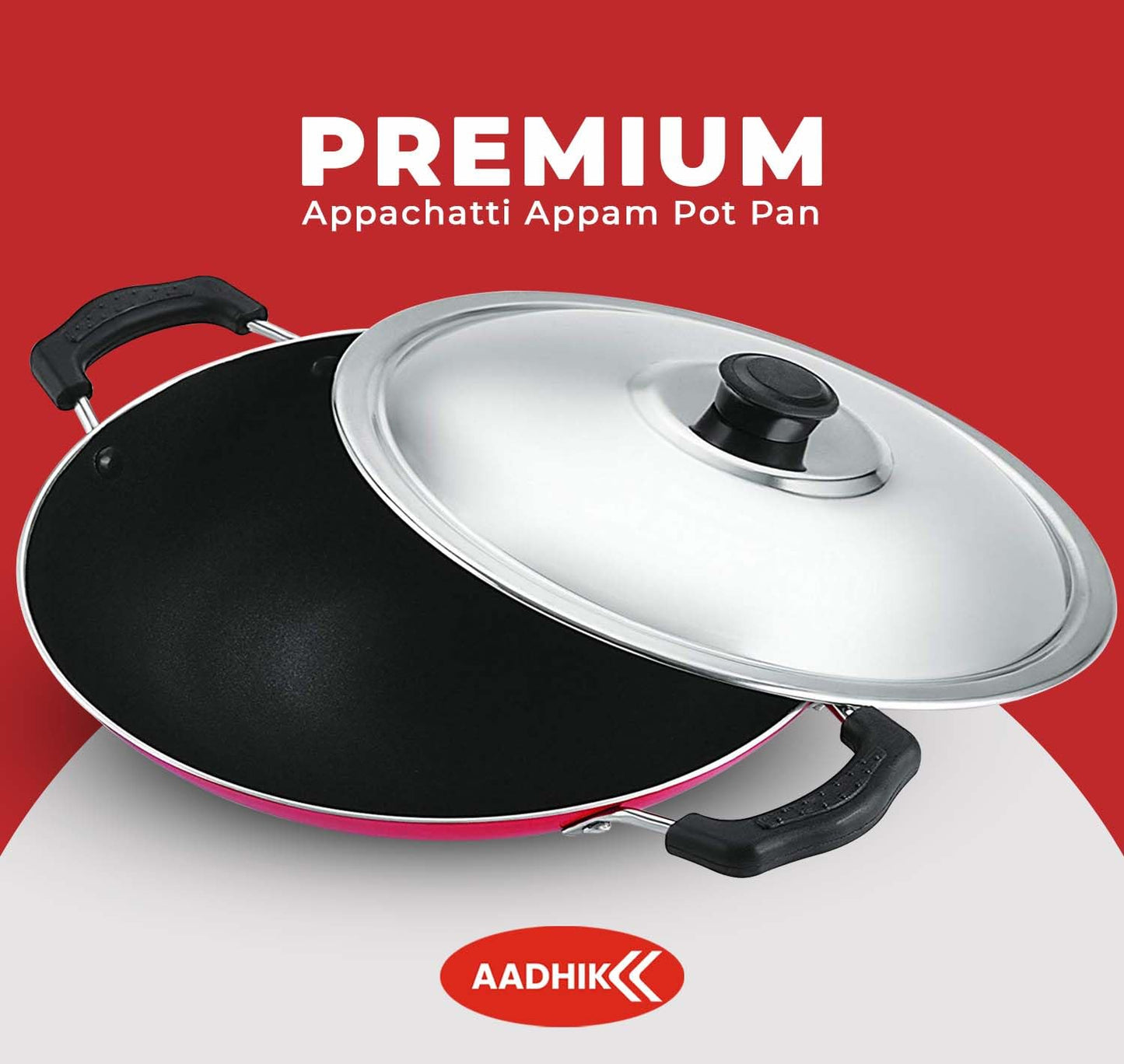 AADHIK Non-Stick Appa Chetty, Aluminium Appachatty, 23cm Diameter, 2.6mm Appachatti, Gas Compatible, Red